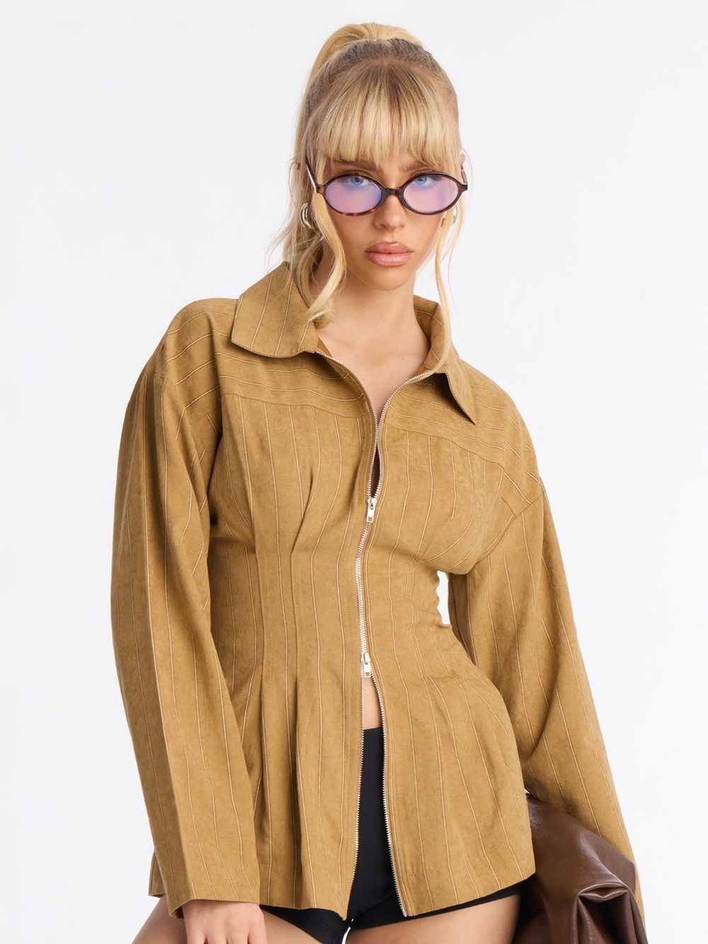 WORN ONCE Mustard pin stride Zip-Front Structured Jacket